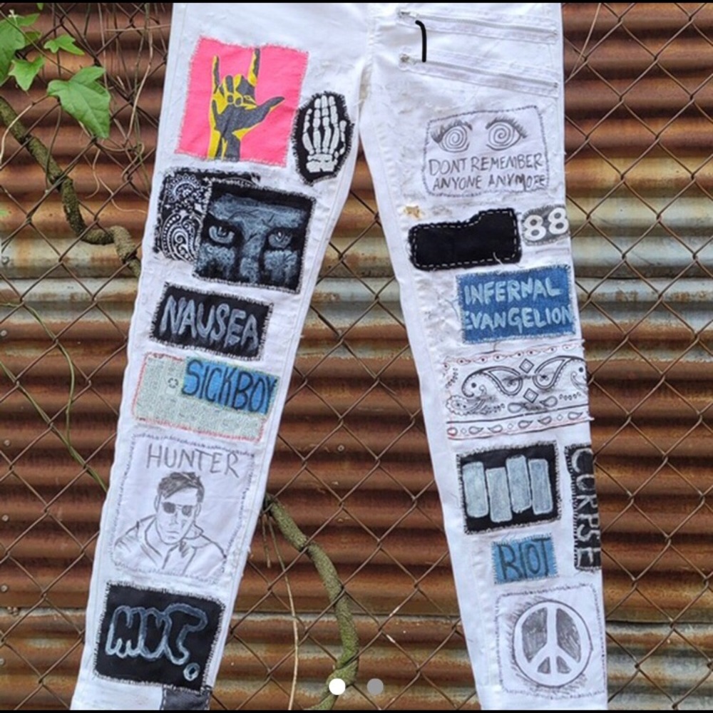 Destroyed patched crust punk pants white